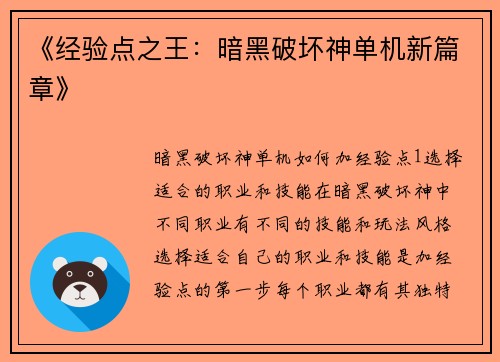 《经验点之王：暗黑破坏神单机新篇章》